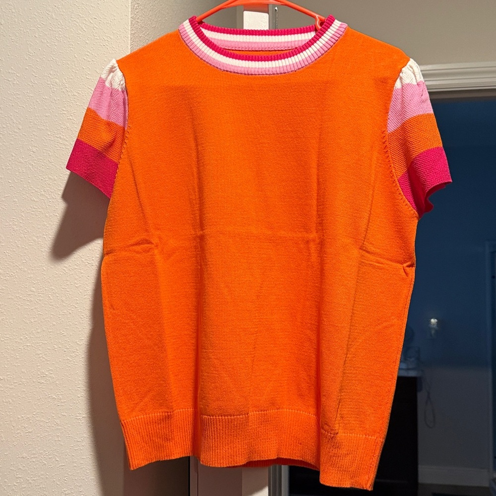 Women’s Bright Orange Crewneck Sweater with Pink Accent